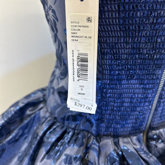 Alice Olivia Mini Midnight Blue Fit & Flare Metallic Look Velvet Bow Straps SZ 0 - Picture 5 of 9
